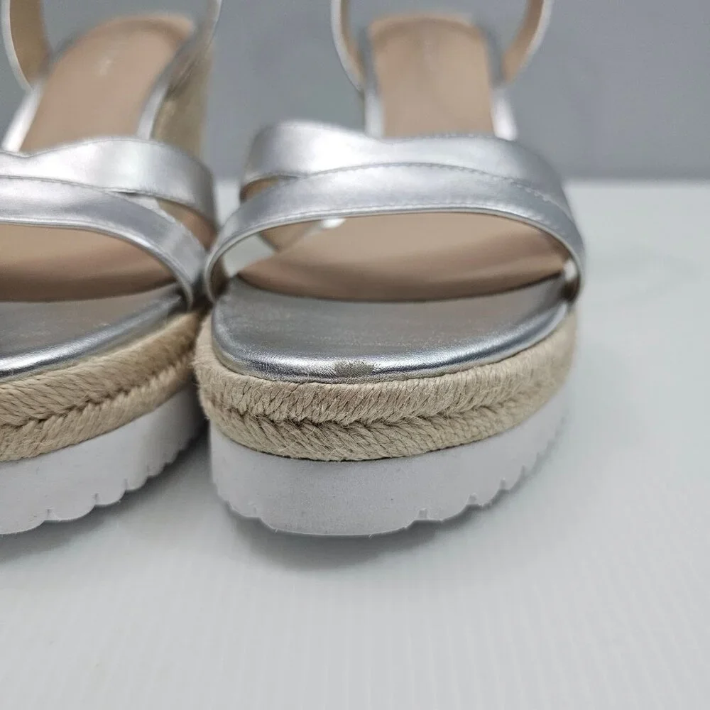 Stuart Weitzman Catalina Espadrille Wedge Sandal Size 10 Silver Leather Platform - Picture 7 of 16